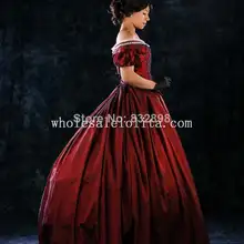Новое поступление, бальное платье в пол из натурального сатина, однотонное бордовое с v-образным вырезом, с короткими рукавами, викторианское бальное платье