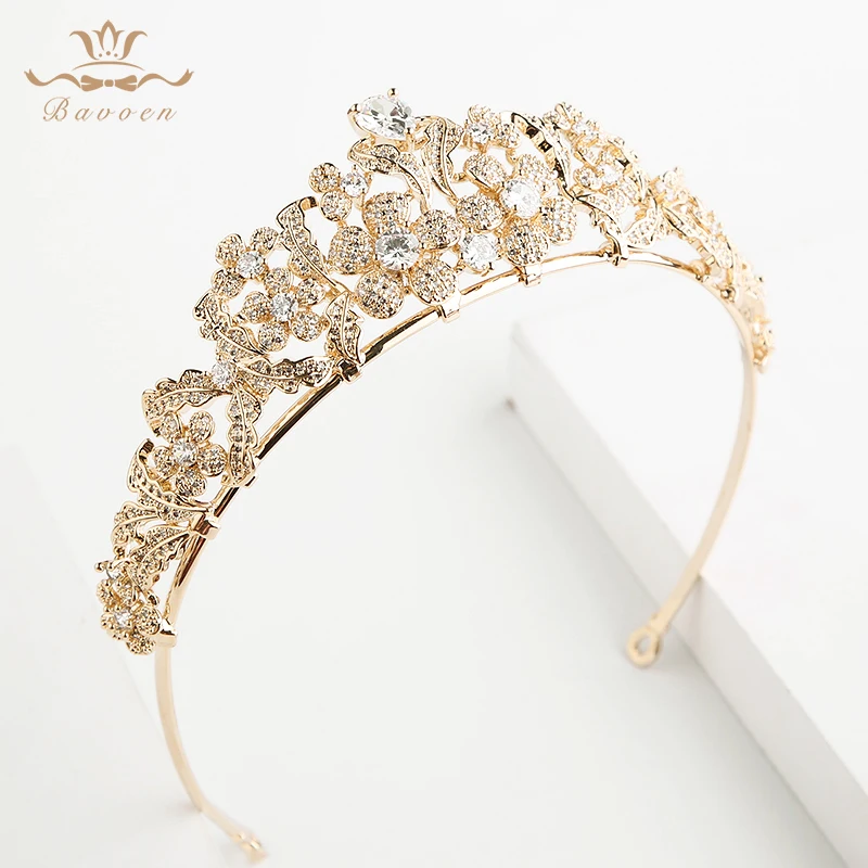 

Bavoen High Quality Brides European Gold Tiara Hairbands Evening Zircon Crystal Hair Accessories Wedding Hair Jewelry