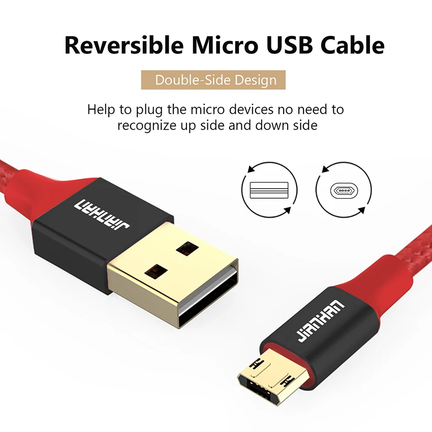 Кабель Micro USB JIANHAN 1 м 2 двусторонний для Xiaomi Redmi Note быстрая зарядка мобильный