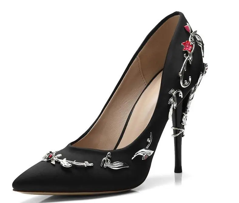 noir rose Décorations Leafs Mariage bleu Sexy Rose Chaussures De Bout Élégant Fleur Bleu 42 Pour Pointu Talons 35 Soie Métal Taille En Date Femme 2019 Beige Noir wqWFX6Sn