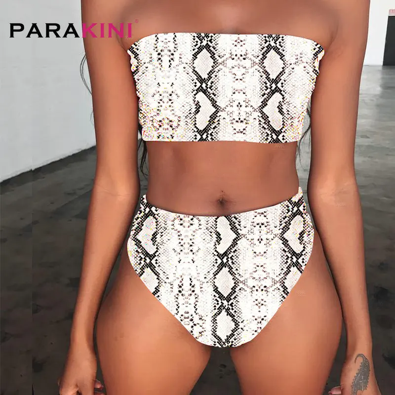 

PARAKINI Newest Women Snake Skin Strapless Swimsuit Tube Top Split Sexy Padded Push Up Bikini Snake Print Stitching Swimwear