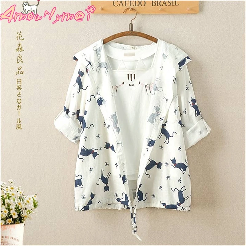 

2018 Summer Women Jacket Japanese Style Mori Girl Kawaii Cat Print Hooded Thin Casual Coat Loose Long Sleeve Female Outerwear