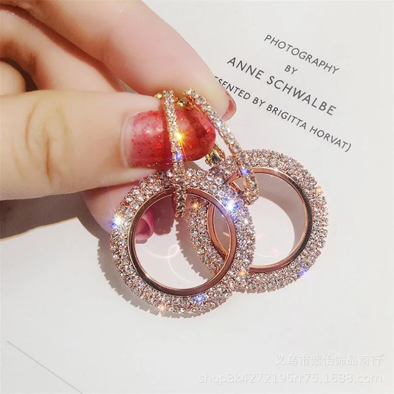 

Geometric Round Crystal Drop Earrings Women RoseGold Color Circle Rhinestone Dangle Earring Wedding Party Statement Jewelry A282