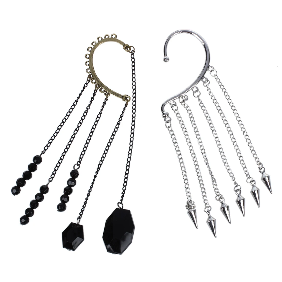 2Pcs New Gothic Punk Spike Long Dangle Chain Tassel Hook Ear Bone Cuff