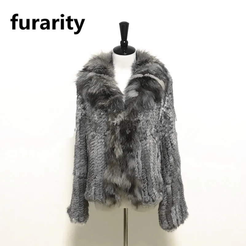 Furarity натуральным мехом Куртки Женская мода вязаный мех кролика пальто с меховым