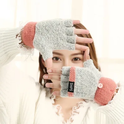 New Arrival Women Thick Female Fingerless Gloves Winter Warm Exposed Finger Mittens Knitted Warm Flip Half Finger Gloves - Цвет: Grey-Red