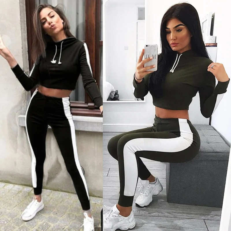 

2018 TWO PIECE SET Casual Runway Tracksuit Side Stripe Sweat Suit For Women 2 Piece Pant Hoodies Sweatshirt Ensemble Winter Twin