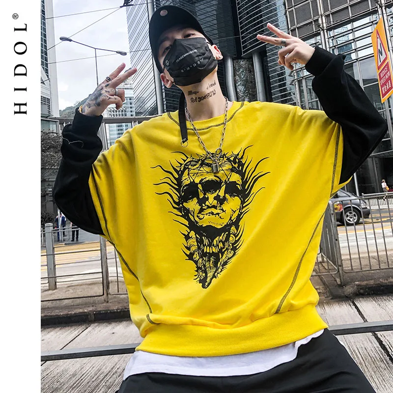

Oversize Patchwork False Two Piece Pullover Sweatshirt High Street Splice Mythology Character Print Hoodie Men Hip Hop Big Loose
