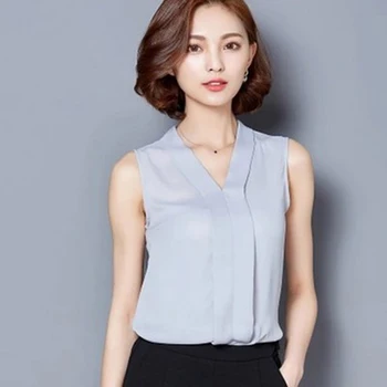 

New Women Chiffon Blouse Ladies Tops Female Sleeveless Lady Shirt Blusas Femininas White,Red,Grey,Black S-2XL