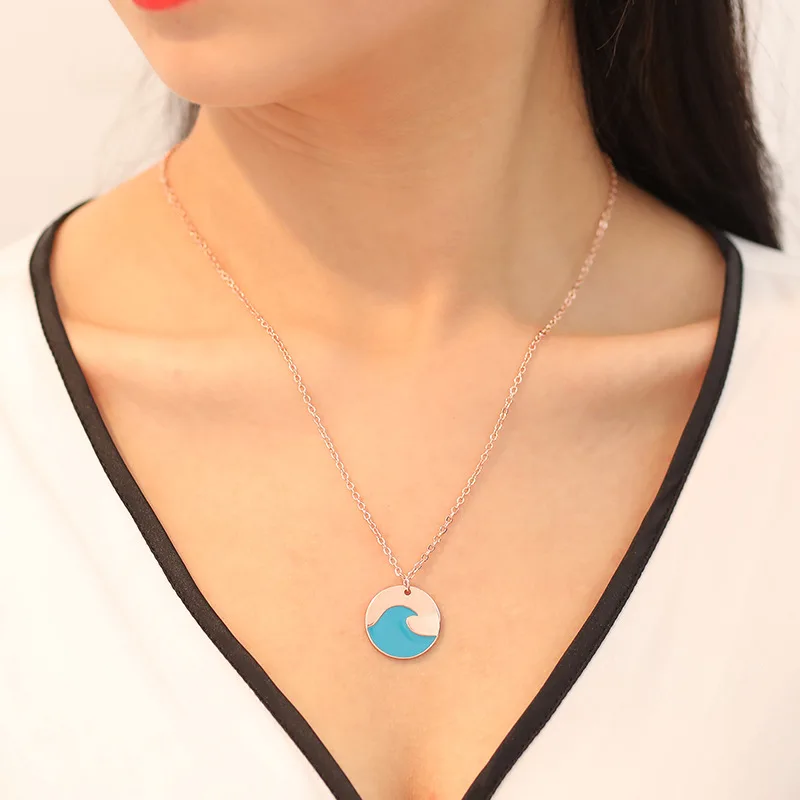

Korean New Creative Minimalist Blue Wave Necklace Statement Fashion Pendant Delicate Jewelry for Women Girlfriend Party Gift