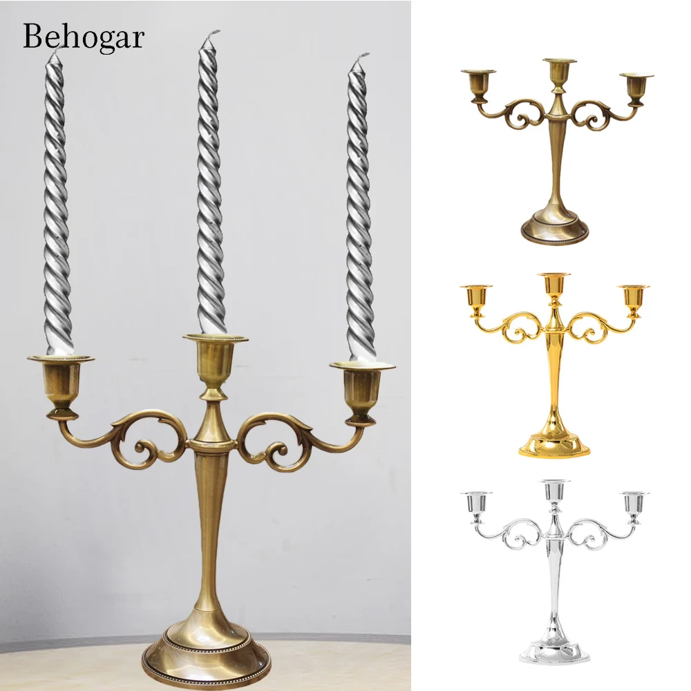 Behogar Antique 3 Arms Silver/Gold/Bronze Metal Candle Holder Stand Candlestick Candelabra for