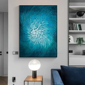 

Nordic style blue flower oil paintings on canvas Handpainted Modern abstract Wall art Pictures for living room home decor