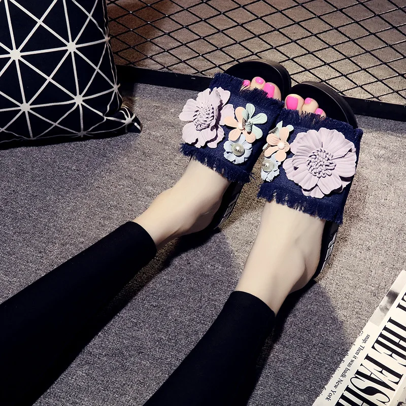 

famous brand flower decoration flip flops women jeans platform sandals letter heels slipper ladies shoes beach sandals s103