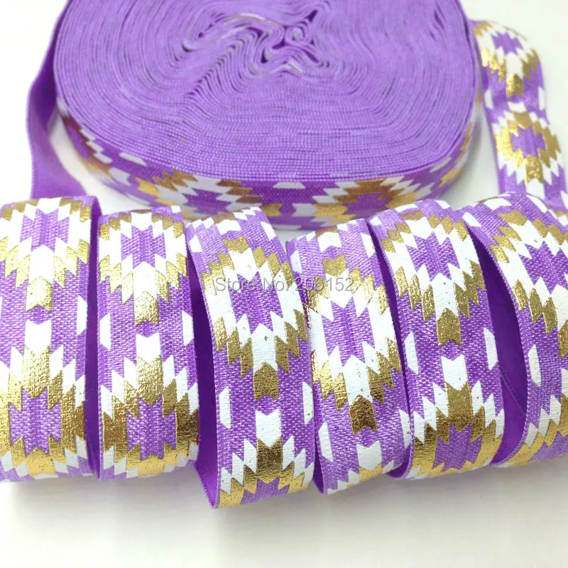 

High Quality Aztec Print Purple Fold Over Elastic 5/8" Aztec FOE Gold Foil Foldover Elastic for DIY Headwear Hair Accessories