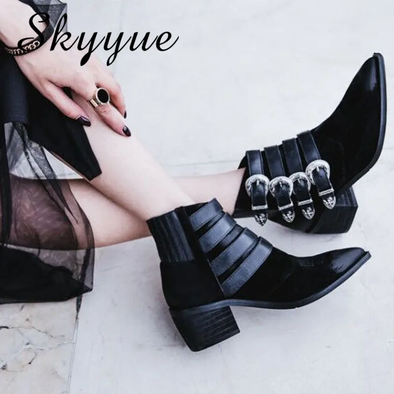 

SKYYUE New Genuine Leather Vintage Gladiator Women Autumn Winter Boots Pointed Toe Khaki Thick Heel Boots Shoes Women