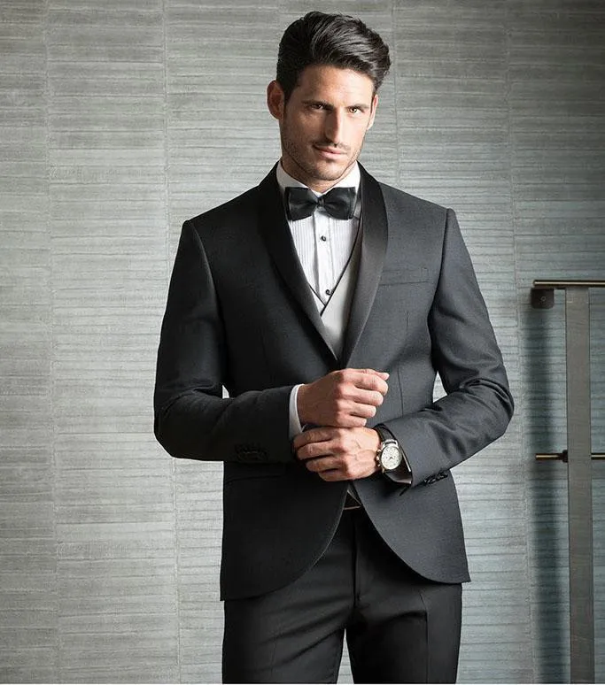Dark Gray Men Suits For Wedding Slim Fit Groomsmen Tuxedos One Button Formal Wedding Suit