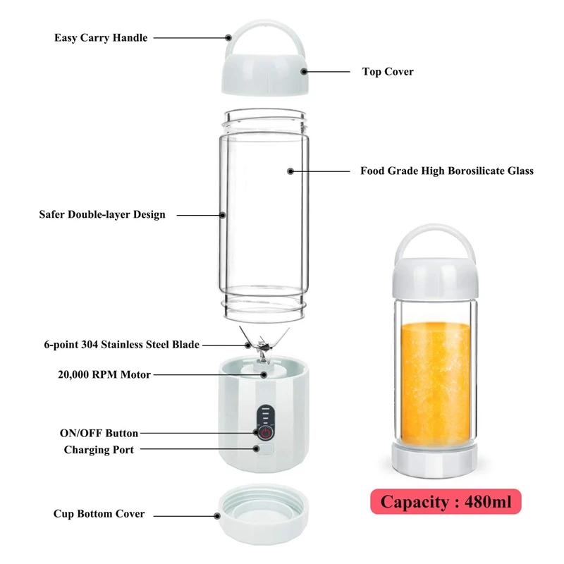 EAS-Персональный переносной Блендер с 480 бутылочка для путешествий объемом, подаваемый блендер для фруктовых коктейлей шесть лезвий в 3D