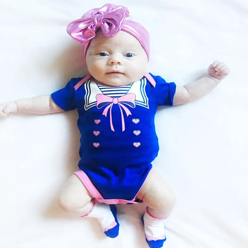 Newborn Baby Short Sleeve Navy Blue Bodysuit + Headband 2pcs Cotton