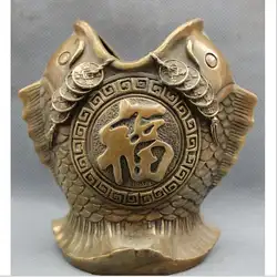 Shun3003 + + + Китайские Бронзовые Медь Богатство Монета Фу 2 Голова Рыбы Статуя Кисть Пот Карандаш Ваза