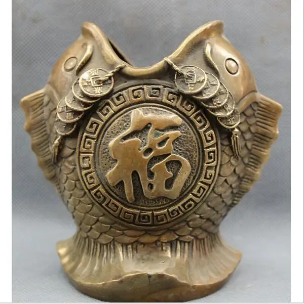 

shun3003+++Chinese Bronze Copper Wealth Coin Fu 2 Fish Head Statue Brush Pot Pencil Vase