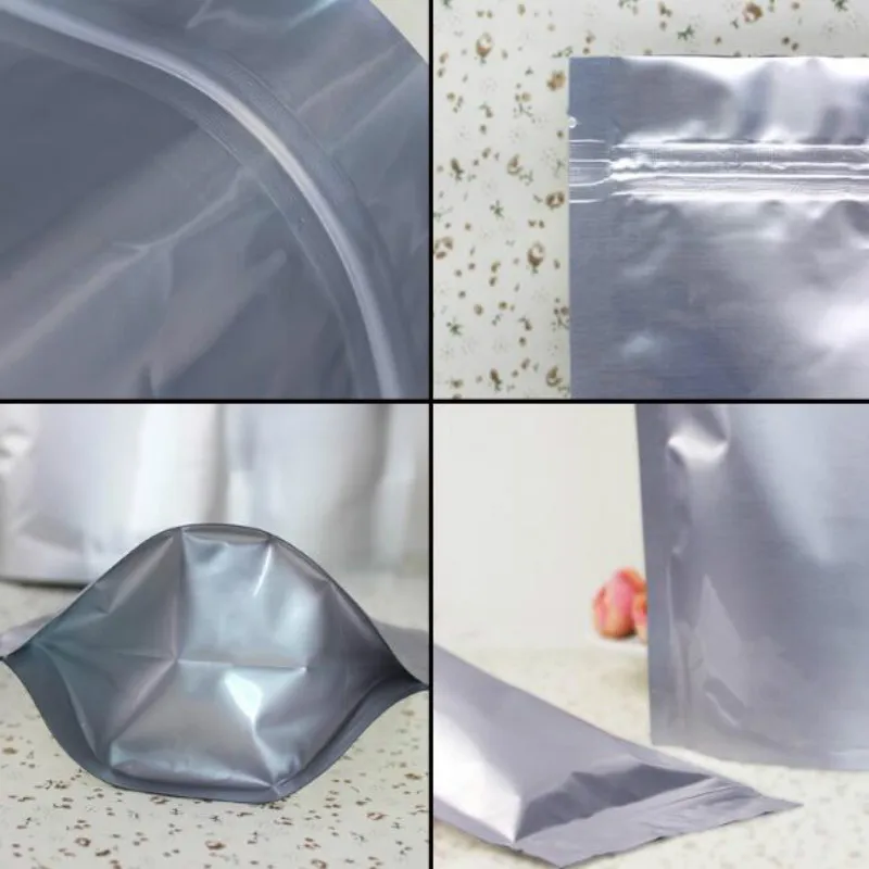 100pcs/lot Silver Aluminum Foil Mylar Bags Zip Lock Stand Up Packages Storage Pouches 19041402