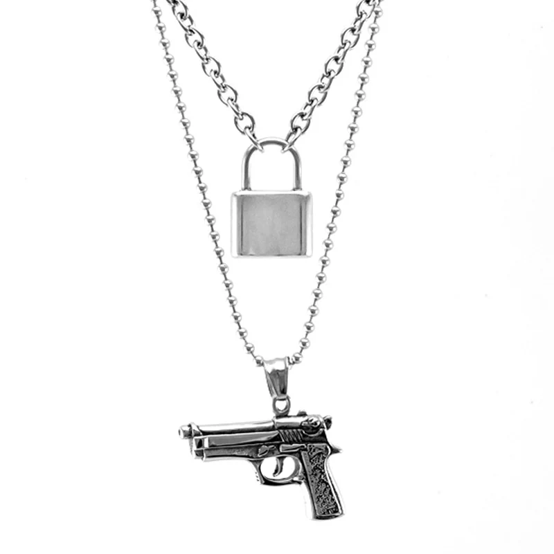 

Men Women Jewelry Double Layer PadLock Necklace Square Lock handgun Necklace Stainless Steel Choker Metal Collar Friendship gift