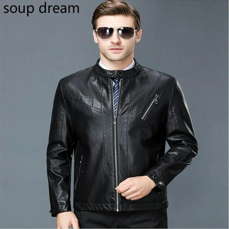 soup dream Men's PU Jackets Casual Stand Collar Mens PU Leather Jacket