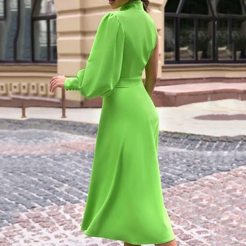 Long Lantern Lantern Sleeve Pullover Dress Women avocado Green One Shoulder Plus Size 4XL Dinner Party midi dress Female