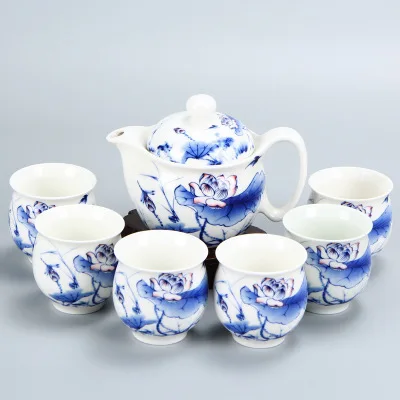 Чайный набор кунг-фу, керамический чайный комплект кастрюль, синий и белый фарфор серии, анти ожогов двухслойная чашка, японский стиль чайный набор подарок - Цвет: C