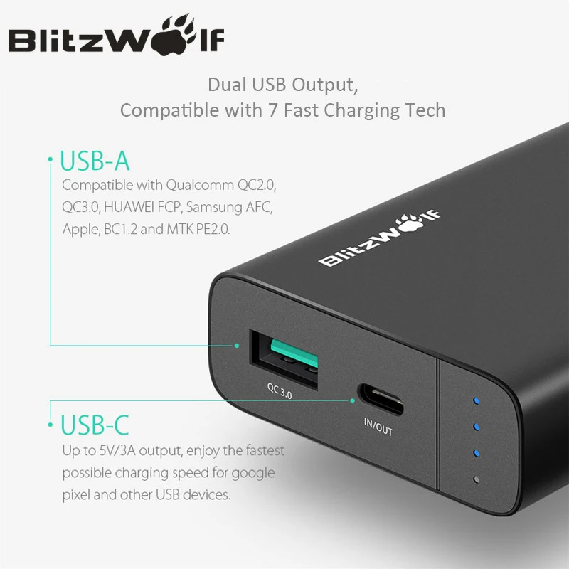 BlitzWolf 10000mAh Power Bank 18W QC3.0 Type-C Powerbank Dual USB Charger External Battery Pack Fast Charging For iPhone X 8 7 6