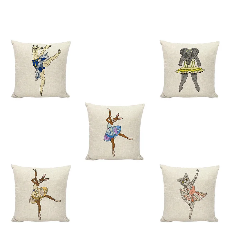 

Ballet And Animal Patterns Cushion Cover Cute Elephant Kangaroo Tiger Cow Pug Fox Panda Beige Background Style Home Decoration