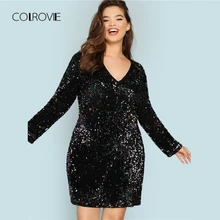 COLROVIE בתוספת גודל שחור V צוואר נצנצים בנות סקסי שמלת נשים 2018 סתיו ארוך שרוול המפלגה שמלה אלגנטי ערב מיני שמלות