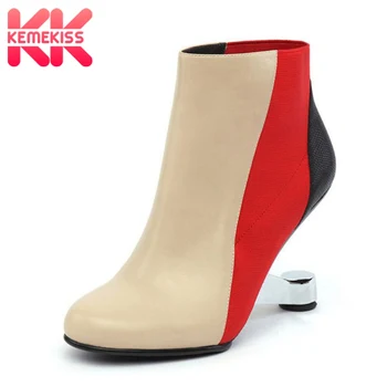 

KemeKiss Fashion Women Genuine Leather High Heel Boots Mixed Color Ankle Boots Strange Heel Shoes Brand Footwear Size 34-39