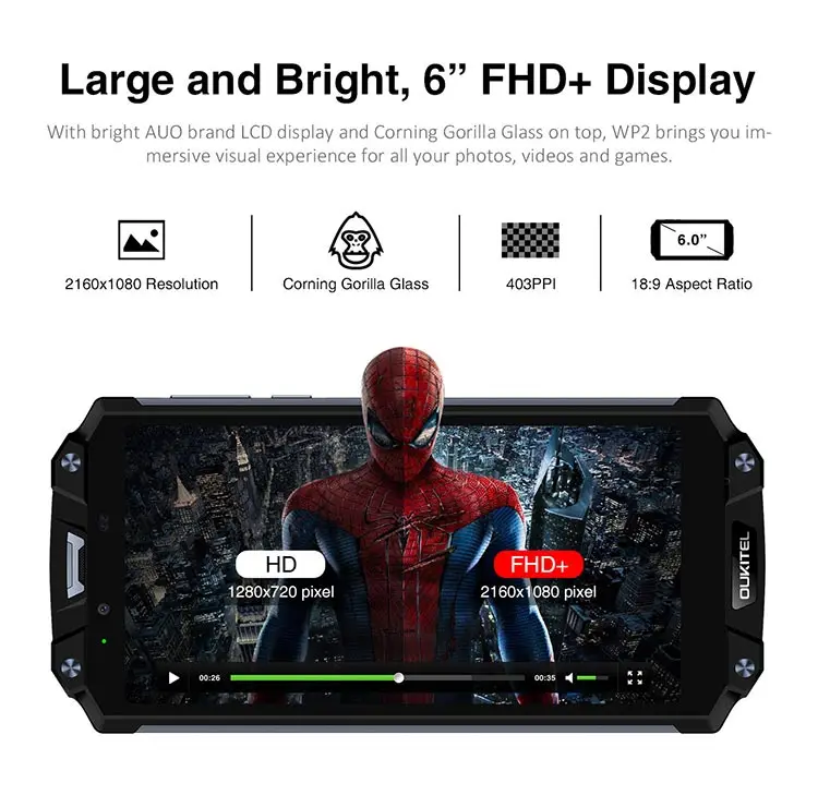OUKITEL WP2 4GB RAM 64GB ROM MTK6750T 1.5GHz Octa Core 6.0 Inch Incell Corning Gorilla Glass FHD+ Screen Dual Camera IP68 Waterproof Android 8.0 4G LTE Smartphone