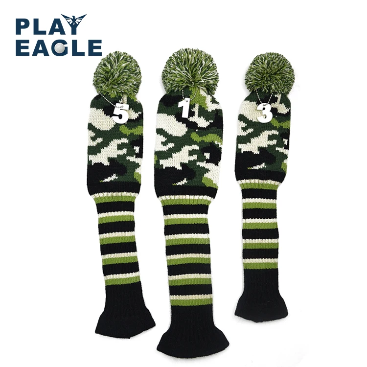3pcs/set Army Green Stripe Kniting Golf Driver Wood Head Covers Knit Wool 1 3 5 Fairway Protect Headcover with Number Tag
