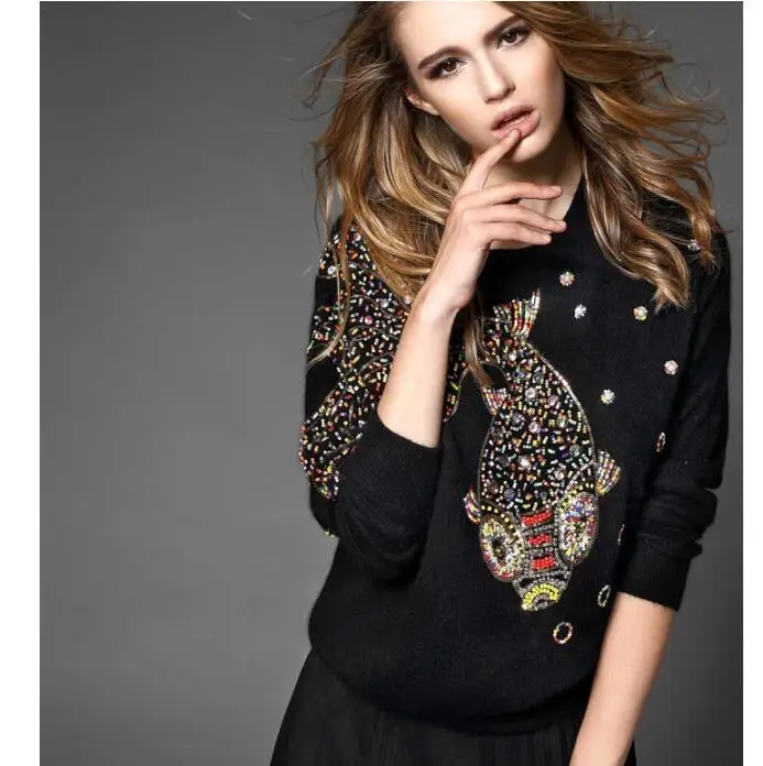 

Vintage Sequins Fish Embroidery Knit Sweater Women 2019 New Fashion Long Sleeve O Ncek Lady Pullovers Casual Pull Mujer