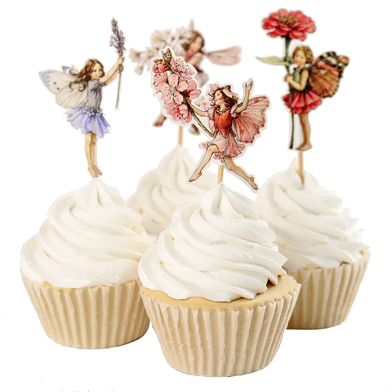 24pcs/Set DIY Flower Fairy Cupcake Toppers Picks for Birthday Decorations New Year Easter Halloween Party Cake Decoration Favor