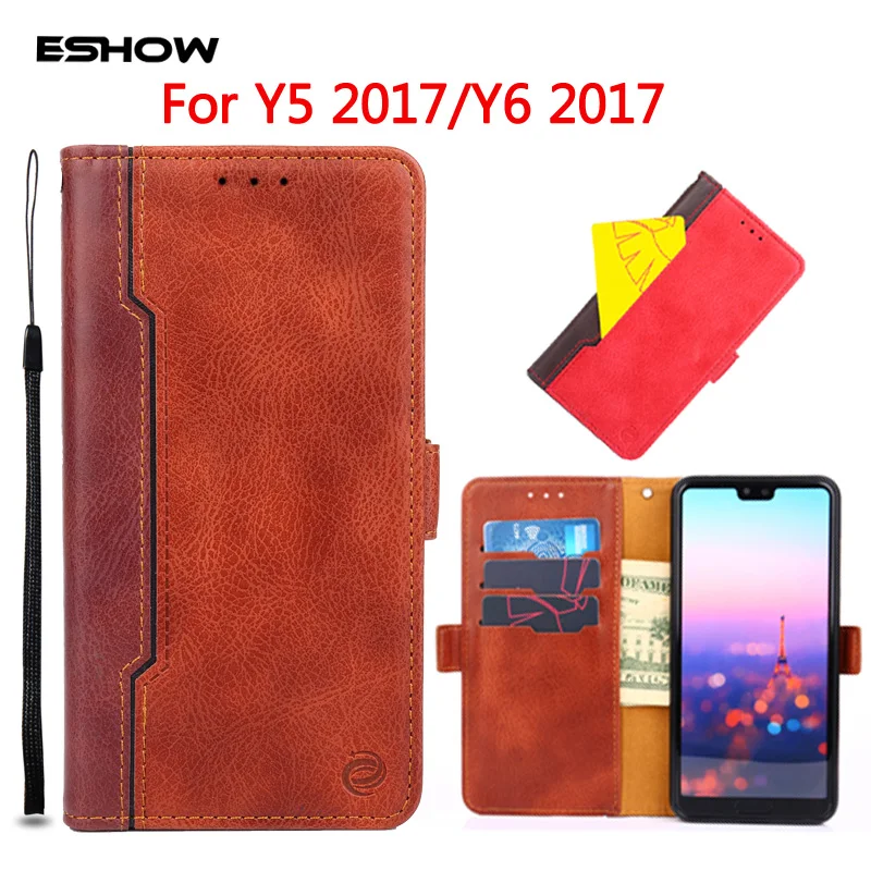 Флип чехол бумажник для huawei Y5 2017 Y6 2018 сплайсинга кожа Книга карты карман