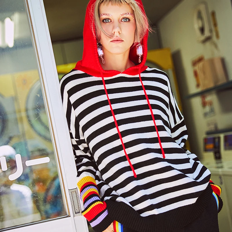 

Female Spring Autumn New Hooded Sweatshirts Women Fashion Striped Casual Knitting Pullovers Plus Size Slim Long Sleeve Tops Z976