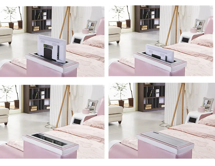 Современная подъемная ТВ-кровать с матрасом, большая кожаная кровать с ТВ в подножке