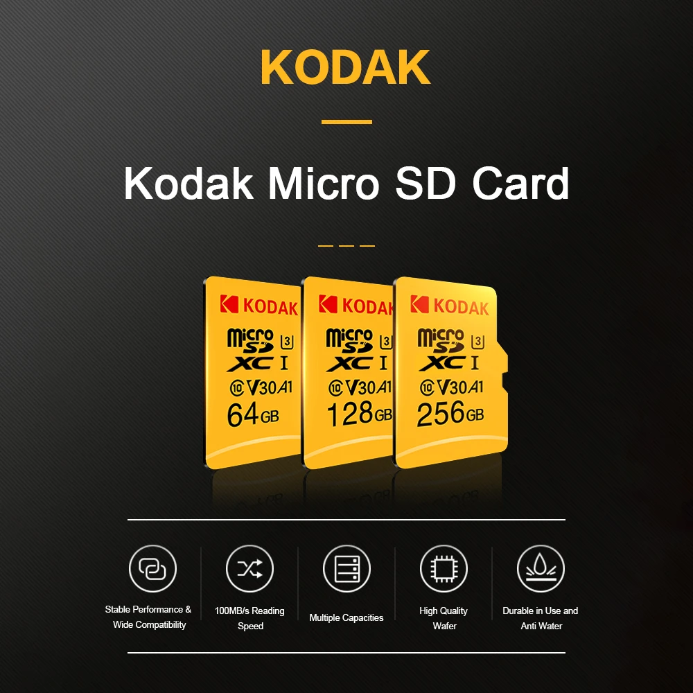 Kodak SD Card 64 Гб/32 128 256 512 ГБ, Micro SD карта, Class10 U3 A1 V30 слот для карт памяти 100 МБ/с. чтения Скорость 4K видео Запись TF карты