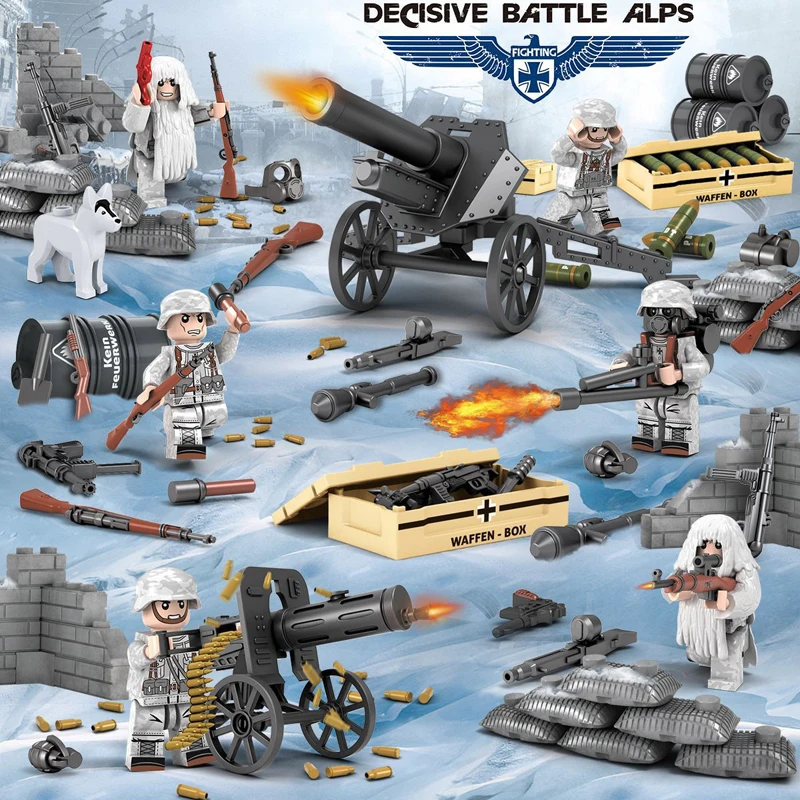 

Military brickmania battle in the Alps action building block ww2 army Force figures artillery Ghillie Suit weapon box brick toy