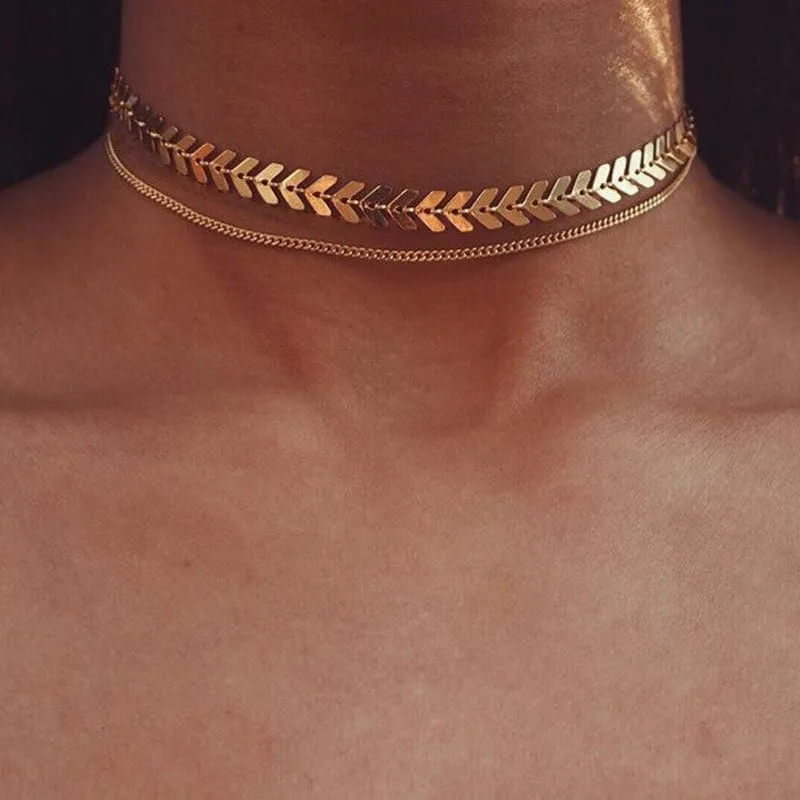 Choker Necklace Women Two Layers Necklaces Gold Color Fishbone