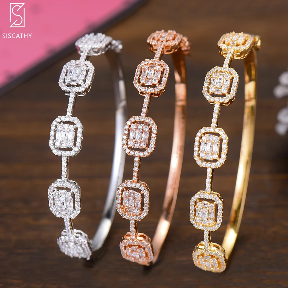 

Siscathy Trendy Women Bangles Charms Gold Silver Rosegold Color Jewelry Cubic Zirconia Luxury Open Bracelets Bangles For Women