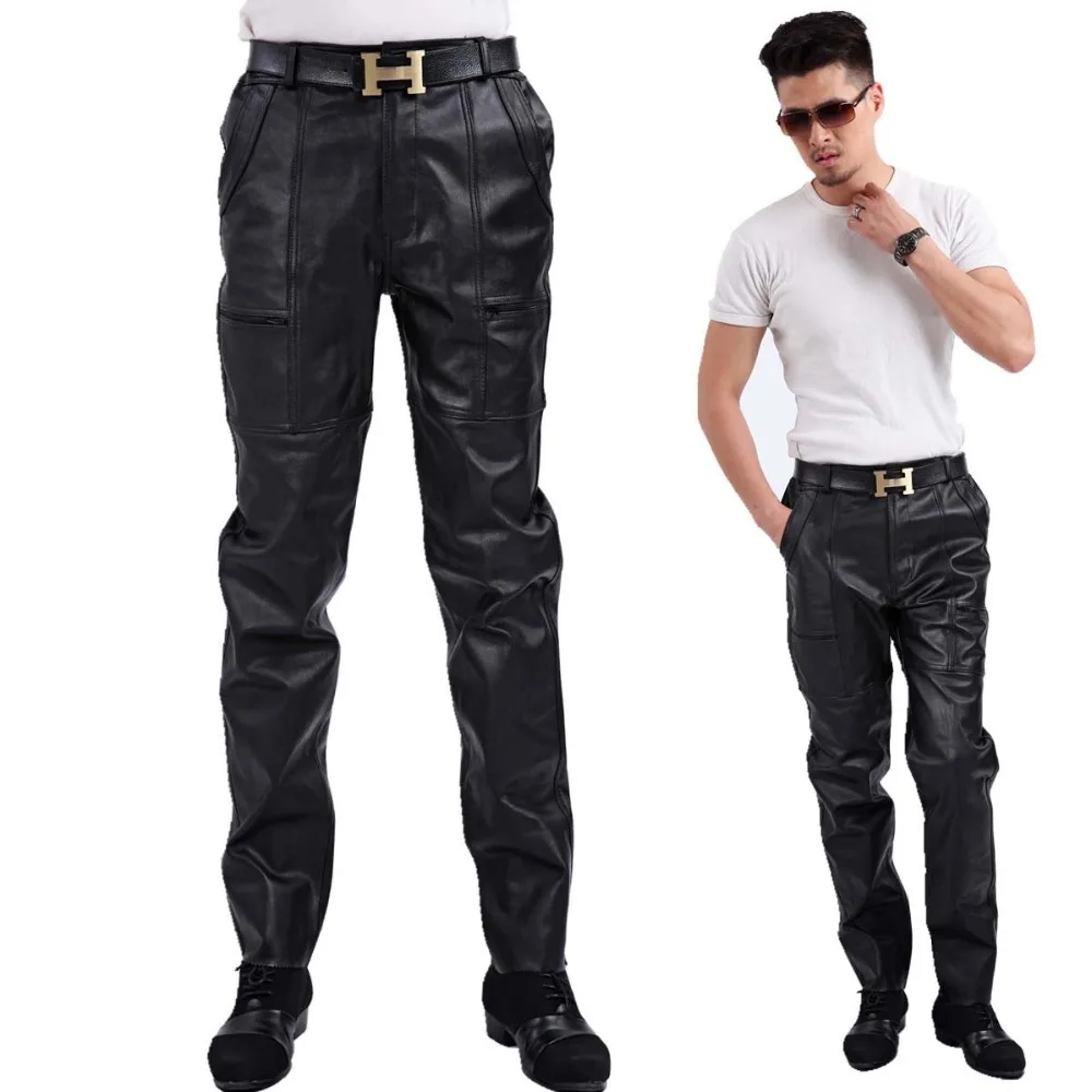

Autumn Winter Men Casual Pants Soft Genuine Leather Skin Jacket Pants Men Joggers Long Trousers