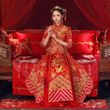 

Chinese Style Women Slim Full Length Cheongsam Ancient Bride Wedding Dress Classic 2PCS Shirt&Skirt Qipao Suit Marriage Gift