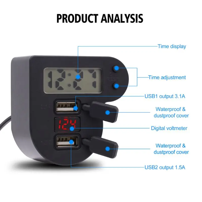  DC12V 24 V Motorrad Dual USB Ladegerät Mit Zeit Uhr LED Voltmeter AUF OFF Schalter Power Adapter fü