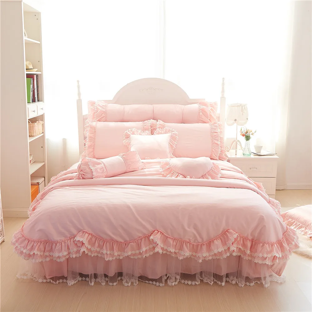 2019 Cotton red pink Color Cotton lace Bedding Set Duvet Cover Set Bed