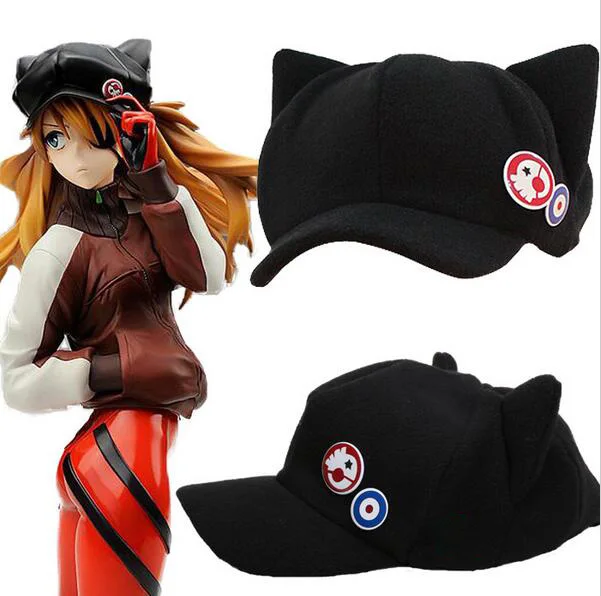 

6pcs/lot Cheap Neon Genesis Evangelion EVA Asuka Cat Ears Hat Stuffed Plush Hats Peaked Cap Cosplay Hat for Woman Casquette