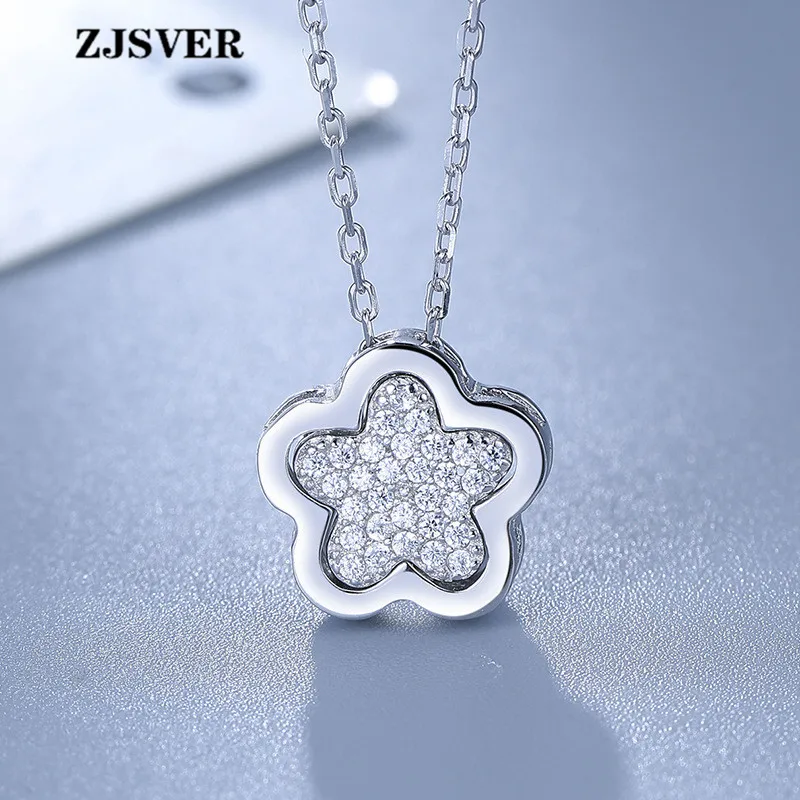 

ZJSVER Fine Jewelry 925 Sterling Silver Necklace Micro-set Crystal Flower Pendant Retro Silver Chain Women Necklace For Present